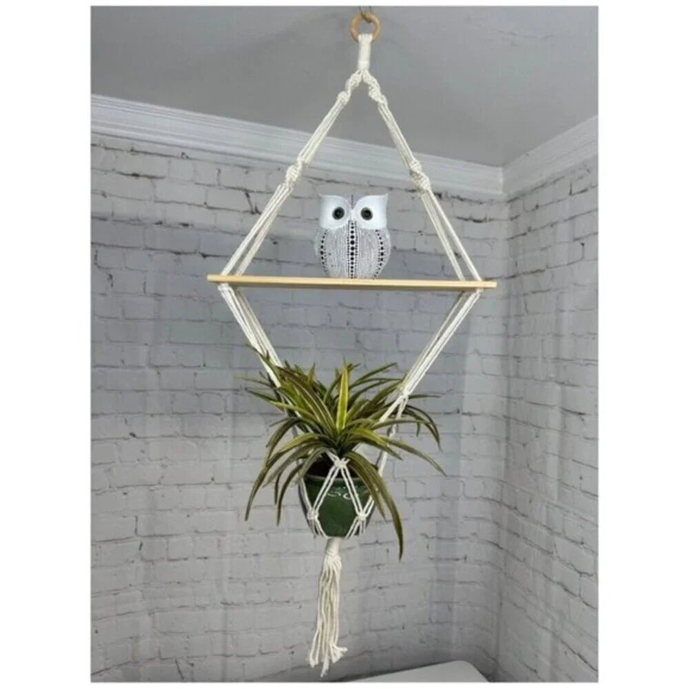 Lot of 2 Macrame Hanging‎ Shelves with Plant Hanger Cream Boho Wood Wall Decor